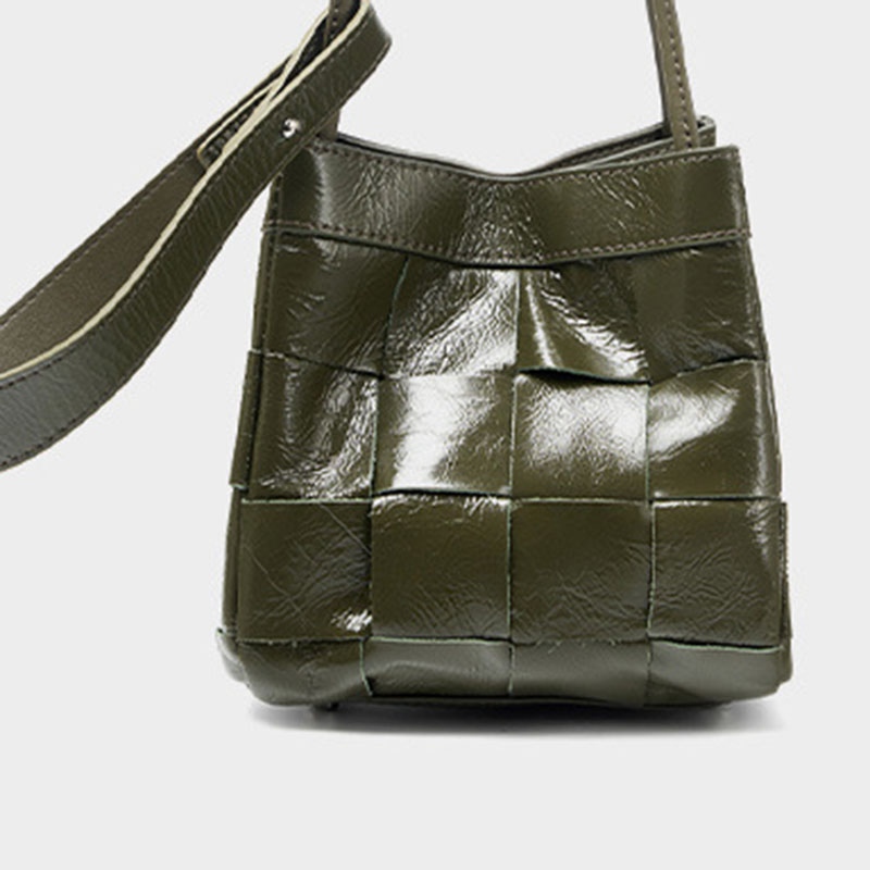 Women's Cracked Oil Wax Full-Grain Leder Crossbody Schulter Woven Bucket Handtasche