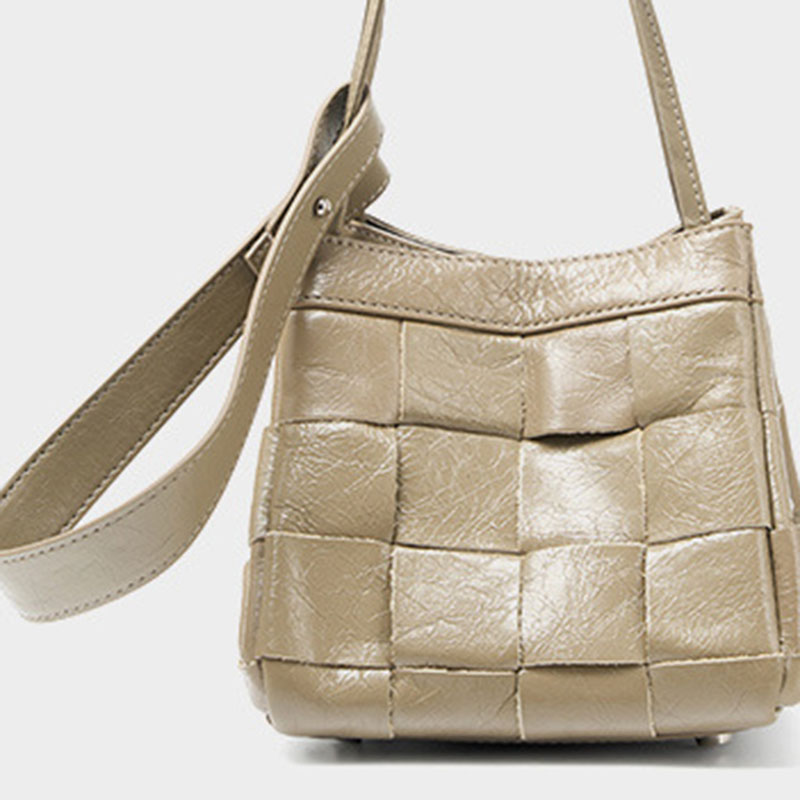 Women's Cracked Oil Wax Full-Grain Leder Crossbody Schulter Woven Bucket Handtasche