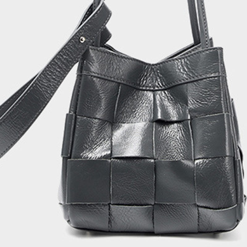 Women's Cracked Oil Wax Full-Grain Leder Crossbody Schulter Woven Bucket Handtasche