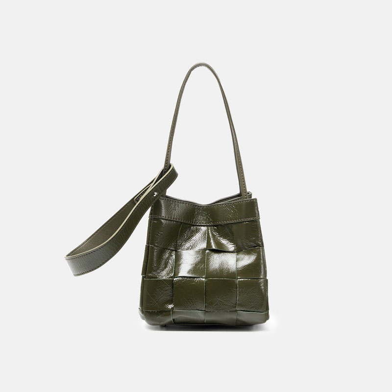 Women's Cracked Oil Wax Full-Grain Leder Crossbody Schulter Woven Bucket Handtasche