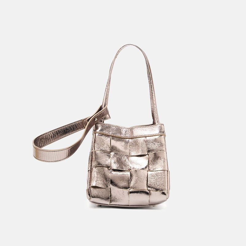 Women's Cracked Oil Wax Full-Grain Leder Crossbody Schulter Woven Bucket Handtasche