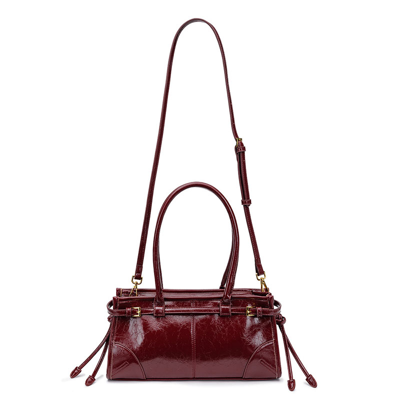 Women's Cracked Waxed Vegan Leather Boston Baguette Bag with Crossbody Shoulder Strap