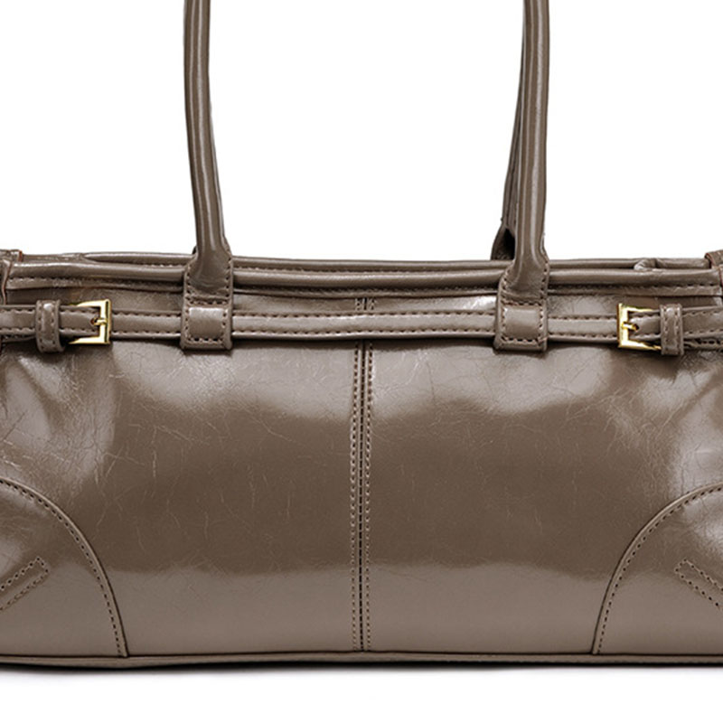Women's Cracked Waxed Vegan Leather Boston Baguette Bag with Crossbody Shoulder Strap