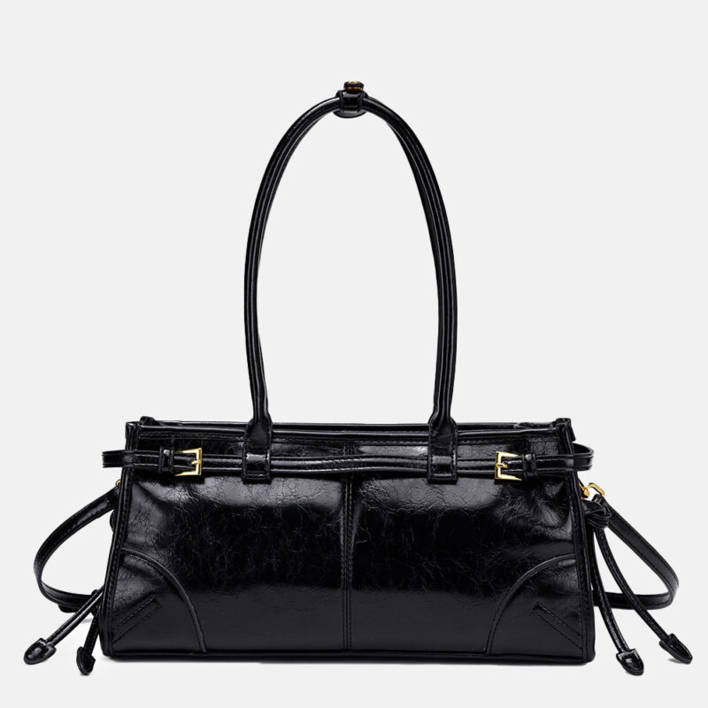 Women's Cracked Waxed Vegan Leather Boston Baguette Bag with Crossbody Shoulder Strap