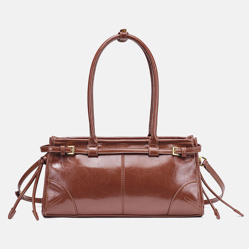 Women's Cracked Waxed Vegan Leather Boston Baguette Bag with Crossbody Shoulder Strap