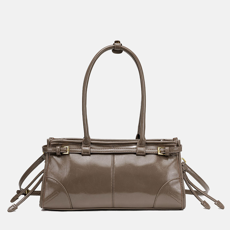Women's Cracked Waxed Vegan Leather Boston Baguette Bag with Crossbody Shoulder Strap