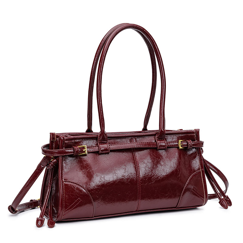 Women's Cracked Waxed Vegan Leather Boston Baguette Bag with Crossbody Shoulder Strap