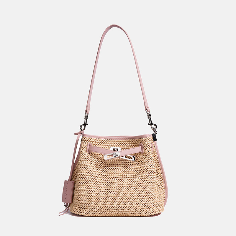 Sac à dos en fibre tissée avec fermeture à clé pour les femmes, avec bordure en cuir