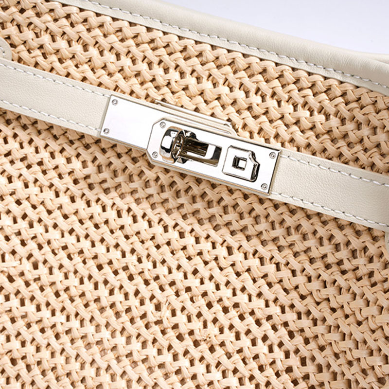 Sac à dos en fibre tissée avec fermeture à clé pour les femmes, avec bordure en cuir