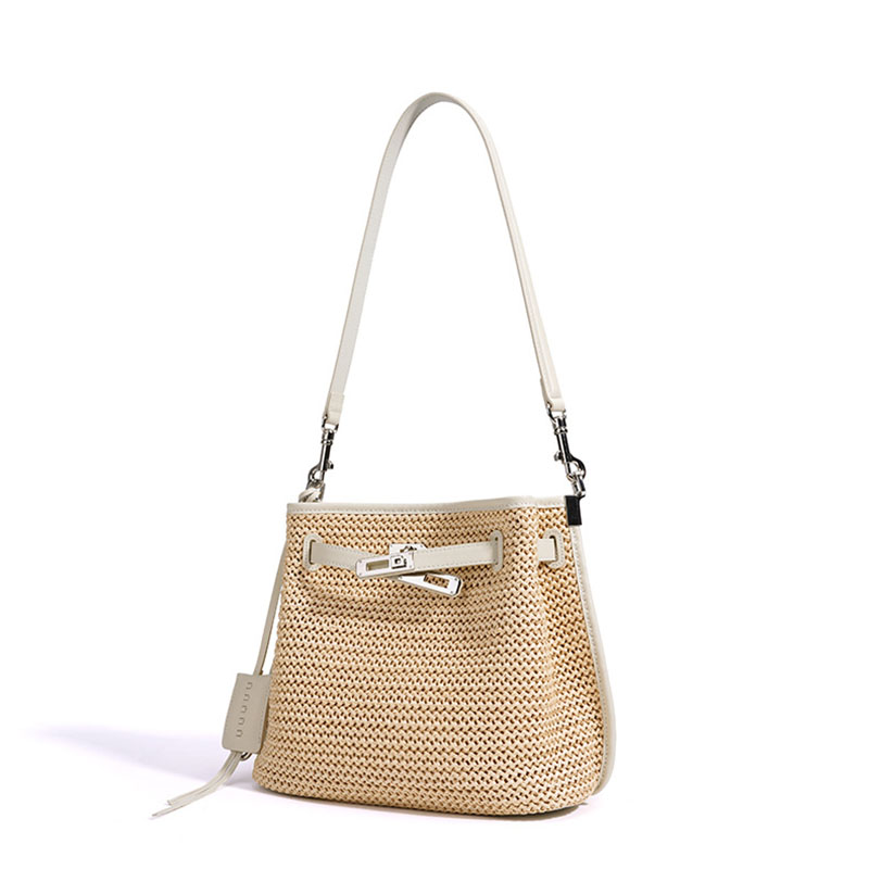 Sac à dos en fibre tissée avec fermeture à clé pour les femmes, avec bordure en cuir