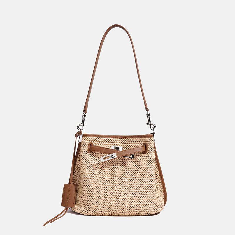 Sac à dos en fibre tissée avec fermeture à clé pour les femmes, avec bordure en cuir