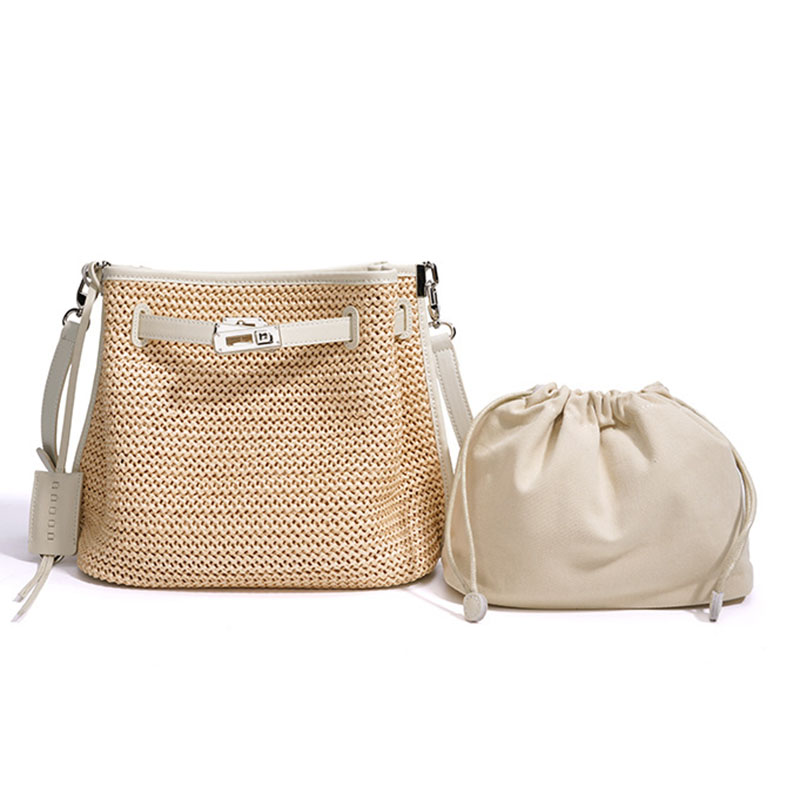 Sac à dos en fibre tissée avec fermeture à clé pour les femmes, avec bordure en cuir