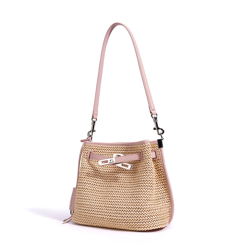 Sac à dos en fibre tissée avec fermeture à clé pour les femmes, avec bordure en cuir