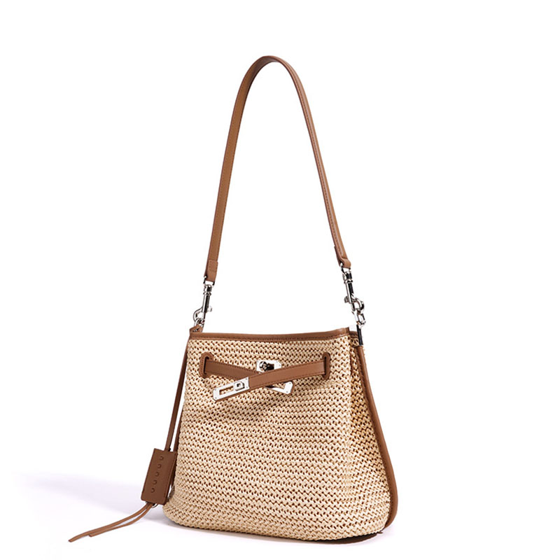 Sac à dos en fibre tissée avec fermeture à clé pour les femmes, avec bordure en cuir