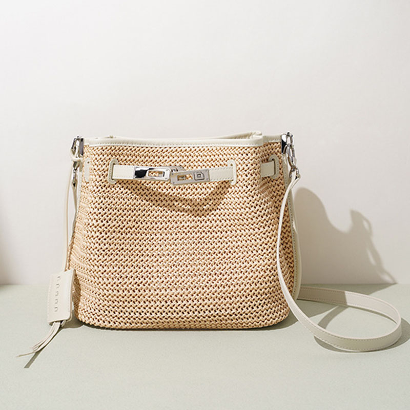 Sac à dos en fibre tissée avec fermeture à clé pour les femmes, avec bordure en cuir