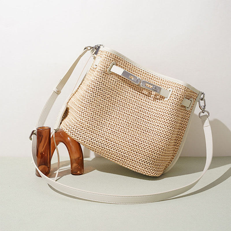 Sac à dos en fibre tissée avec fermeture à clé pour les femmes, avec bordure en cuir
