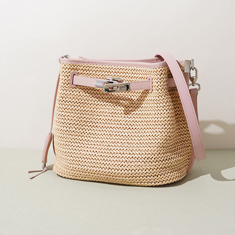 Sac à dos en fibre tissée avec fermeture à clé pour les femmes, avec bordure en cuir
