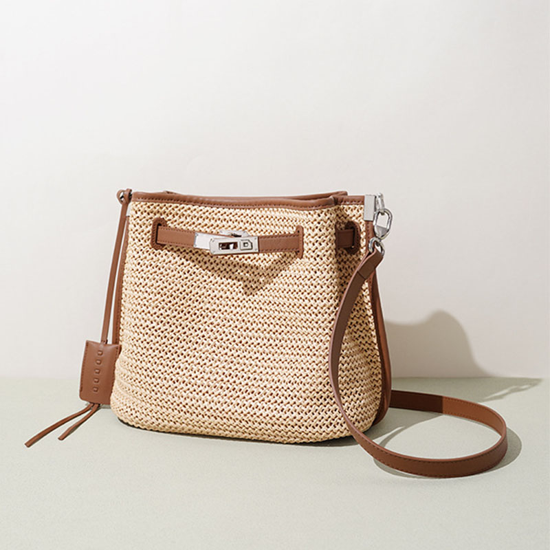 Sac à dos en fibre tissée avec fermeture à clé pour les femmes, avec bordure en cuir