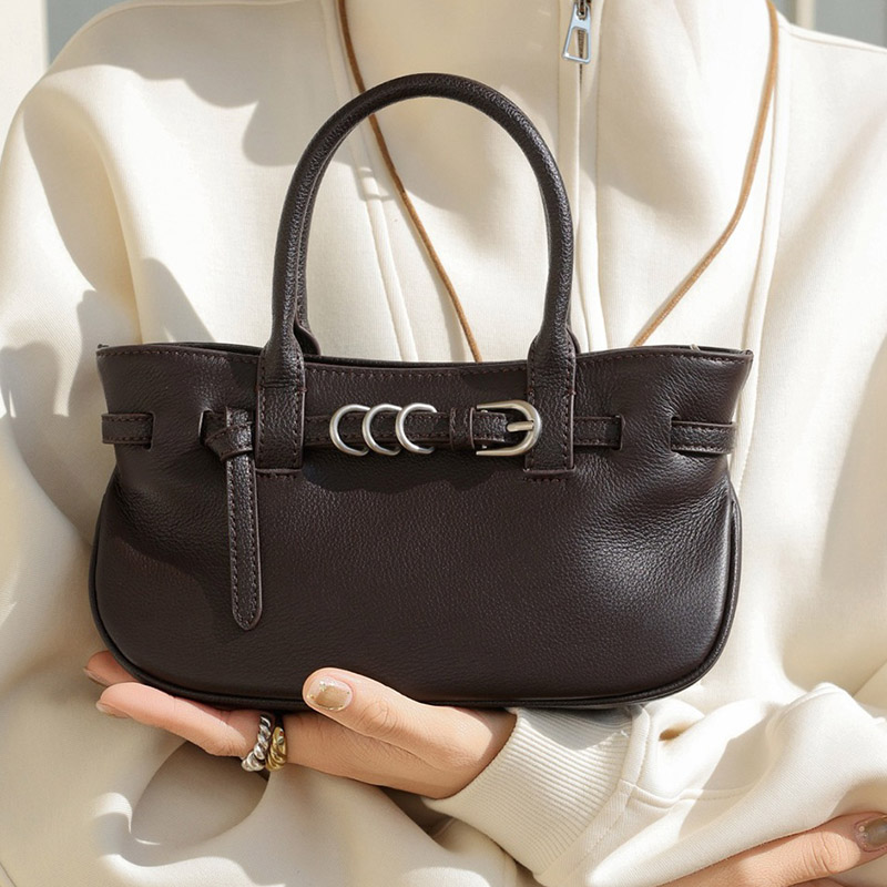 Women's Full-Grain Calfskin Leather Belted Satchel Buckle Bag with Crossbody Shoulder Strap