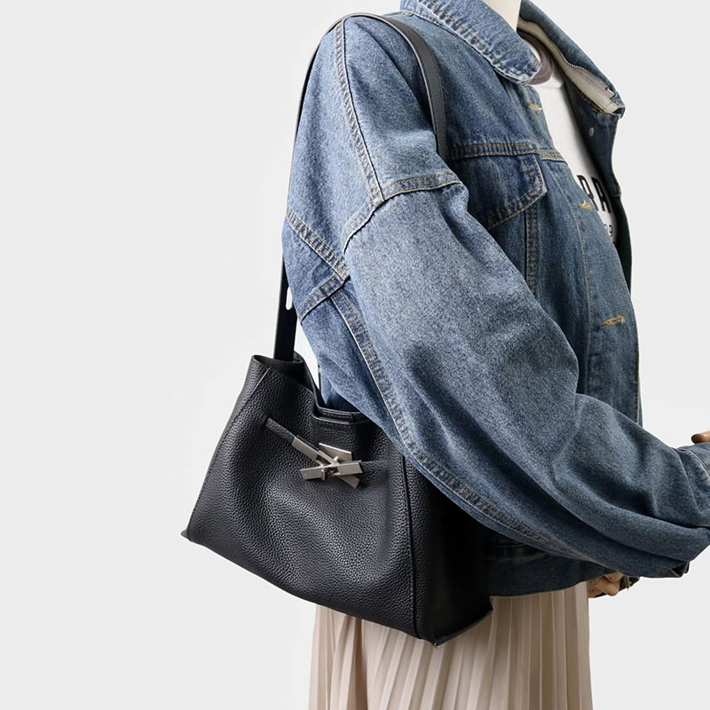 Women's Full-Grain Leather Crossbody Shoulder Hobo Bag with Silver Lock