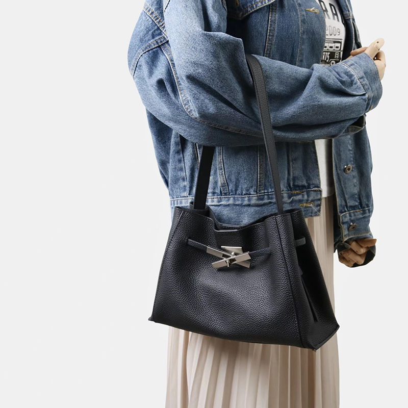 Women's Full-Grain Leather Crossbody Shoulder Hobo Bag with Silver Lock