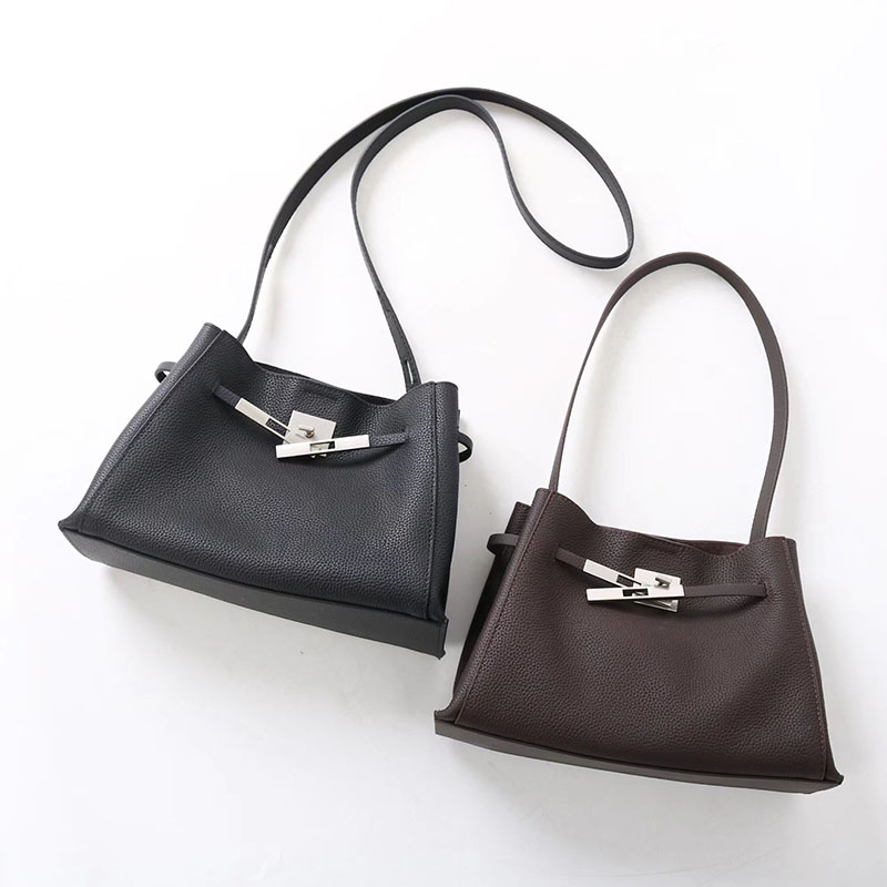 Women's Full-Grain Leather Crossbody Shoulder Hobo Bag with Silver Lock