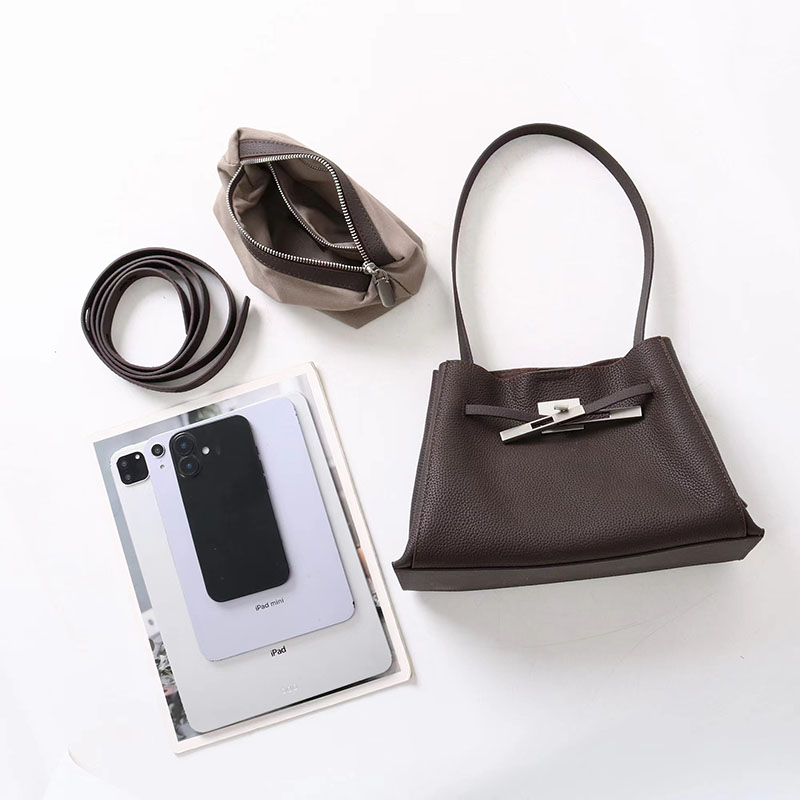 Women's Full-Grain Leather Crossbody Shoulder Hobo Bag with Silver Lock