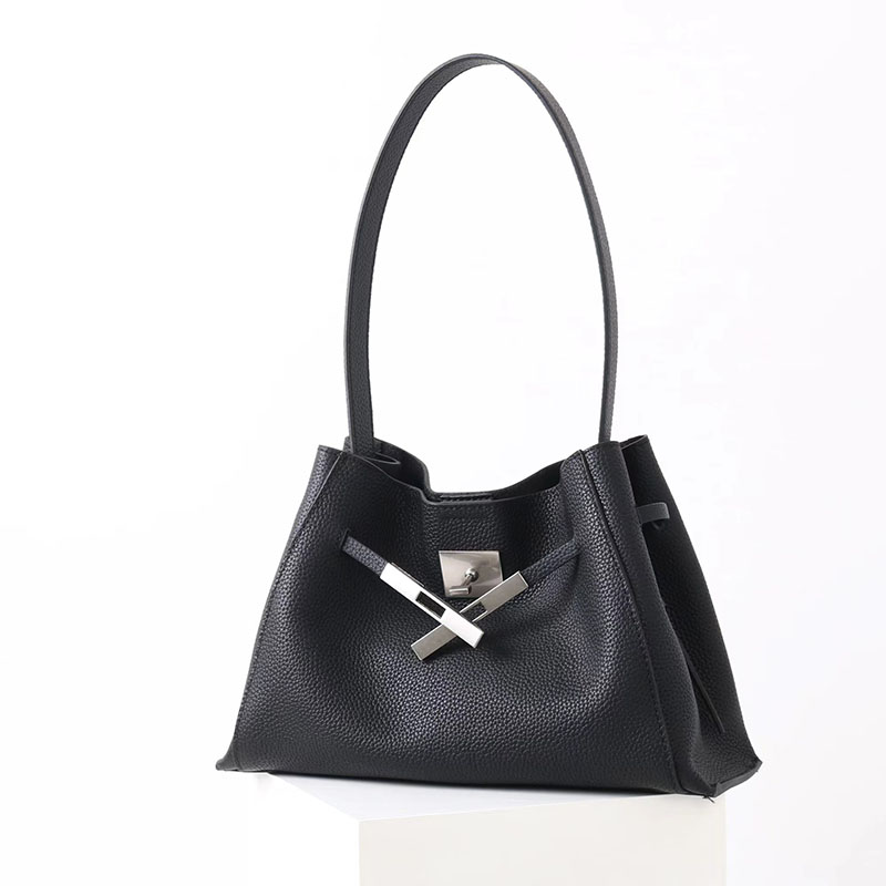 Women's Full-Grain Leather Crossbody Shoulder Hobo Bag with Silver Lock