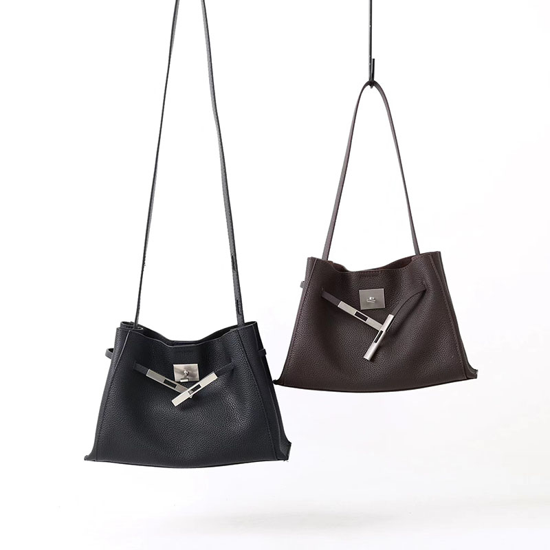 Women's Full-Grain Leather Crossbody Shoulder Hobo Bag with Silver Lock