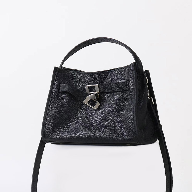 Women's Full-Grain Leather Drawstring Buckle Bucket Handbag with Crossbody Strap
