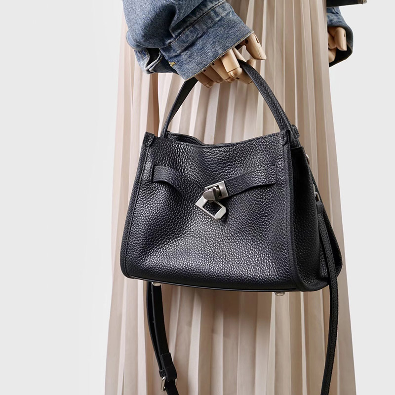 Women's Full-Grain Leather Drawstring Buckle Bucket Handbag with Crossbody Strap