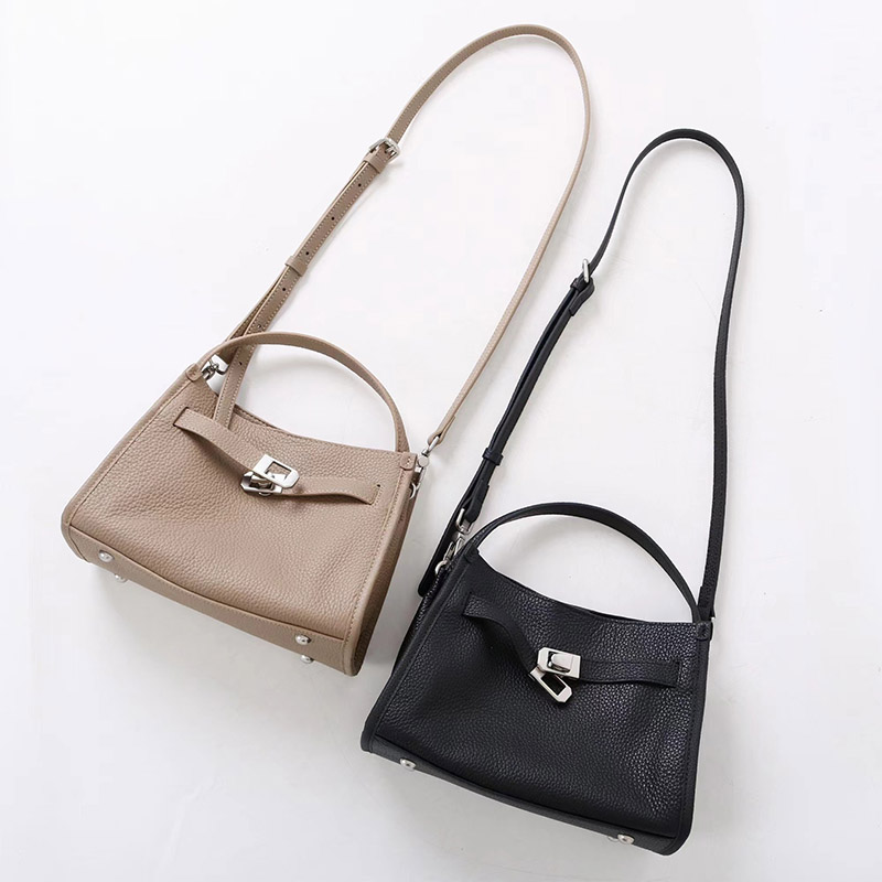 Women's Full-Grain Leather Drawstring Buckle Bucket Handbag with Crossbody Strap