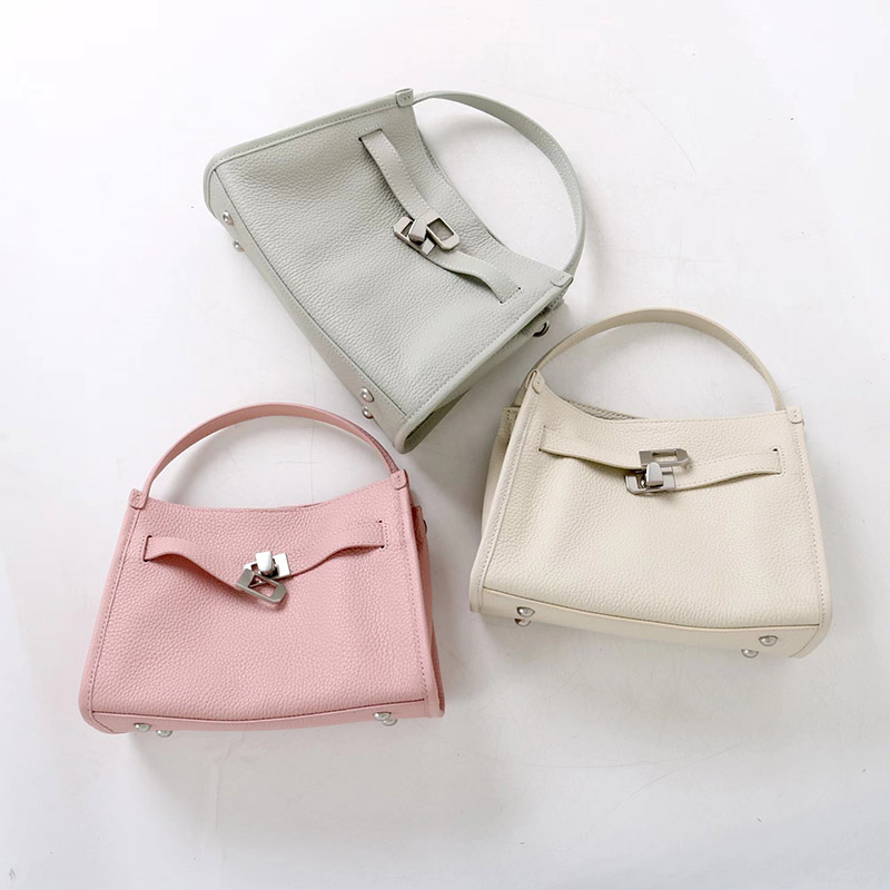 Women's Full-Grain Leather Drawstring Buckle Bucket Handbag with Crossbody Strap