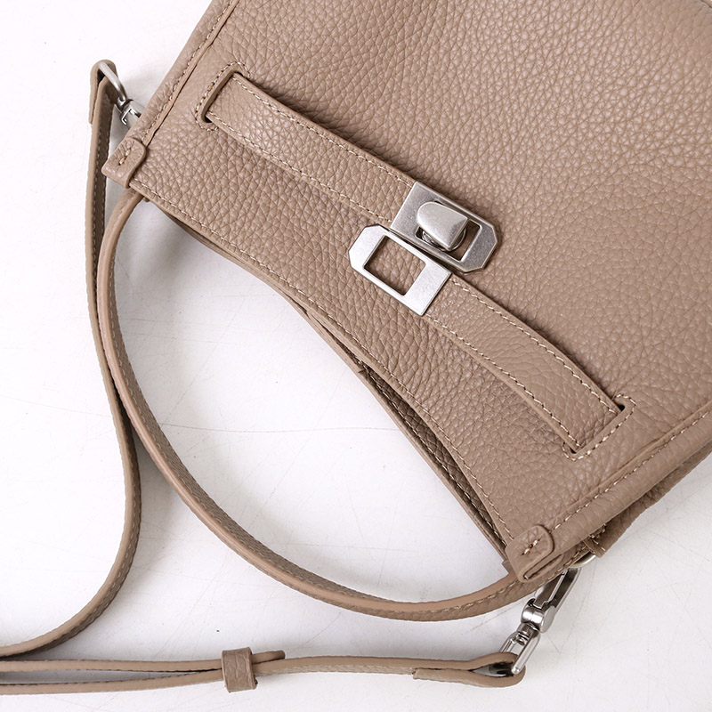 Women's Full-Grain Leather Drawstring Buckle Bucket Handbag with Crossbody Strap