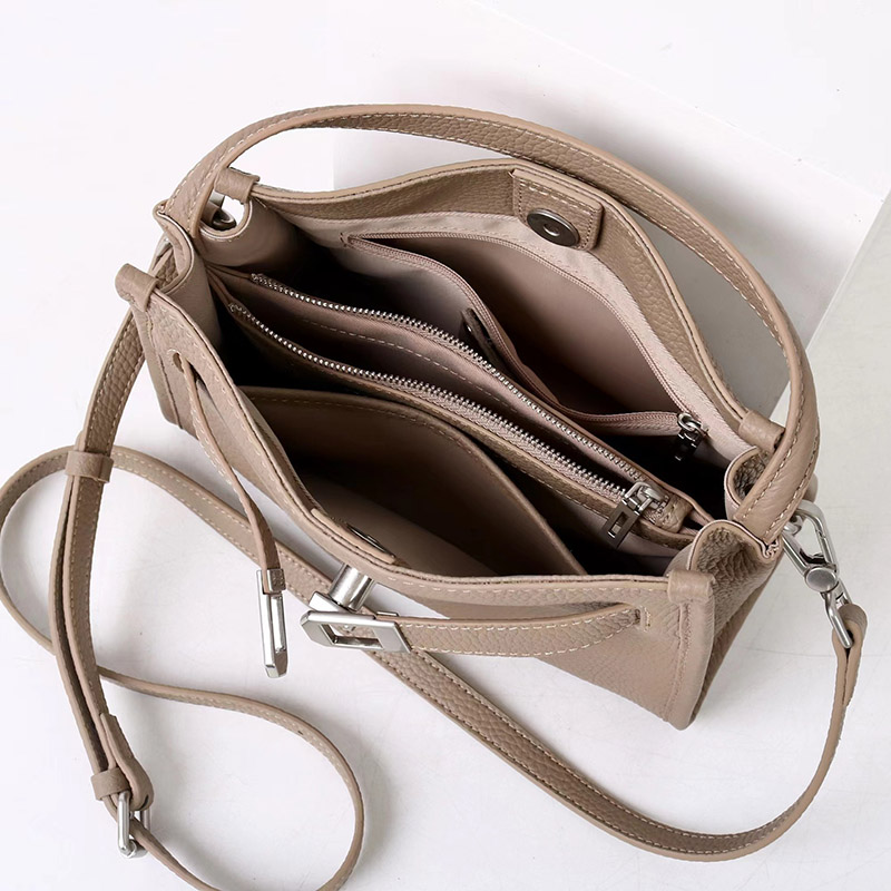 Women's Full-Grain Leather Drawstring Buckle Bucket Handbag with Crossbody Strap