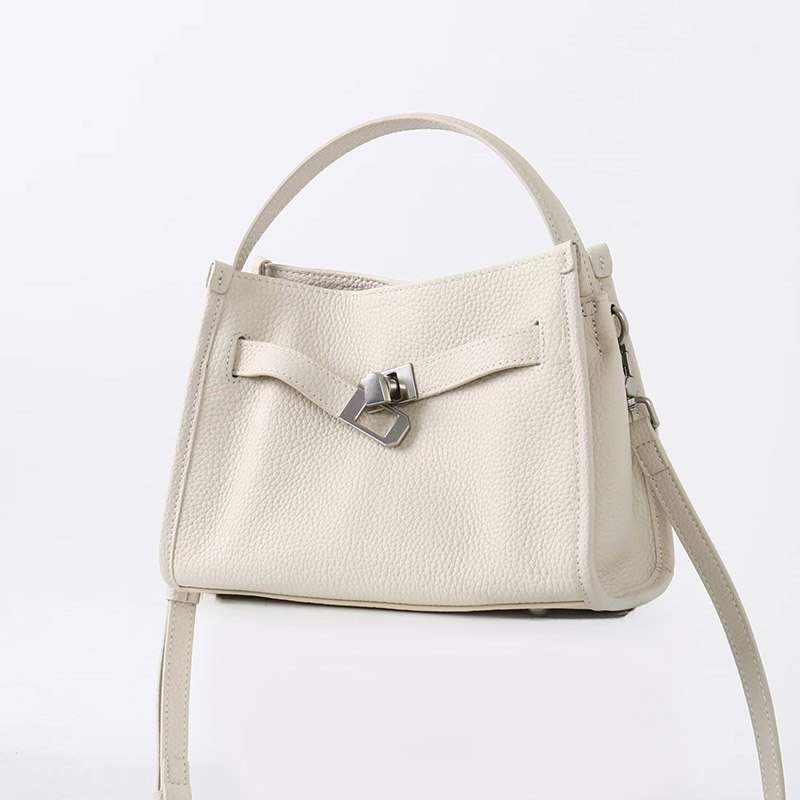 Women's Full-Grain Leather Drawstring Buckle Bucket Handbag with Crossbody Strap