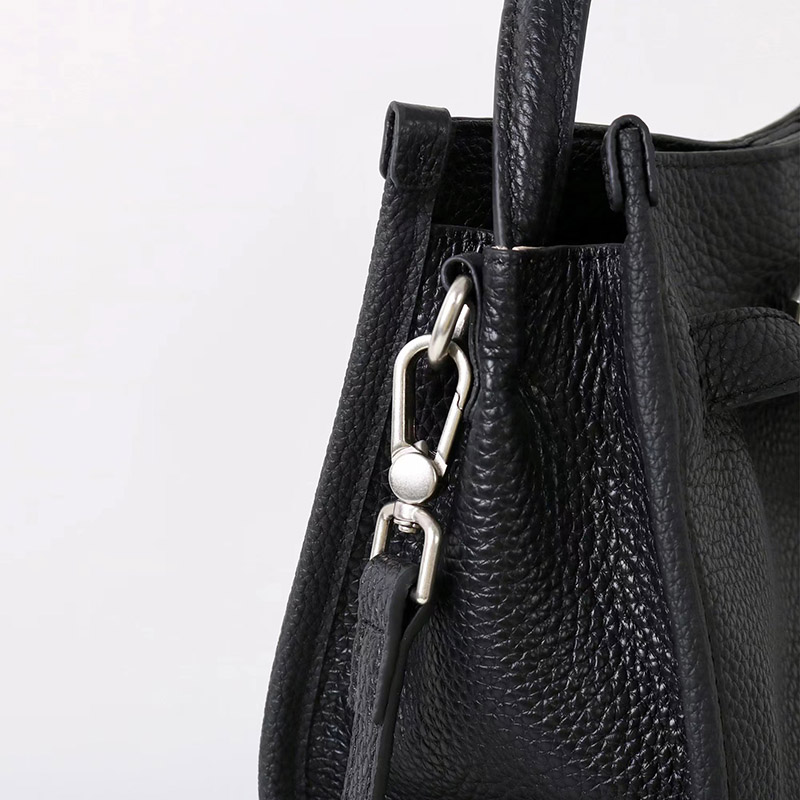 Women's Full-Grain Leather Drawstring Buckle Bucket Handbag with Crossbody Strap