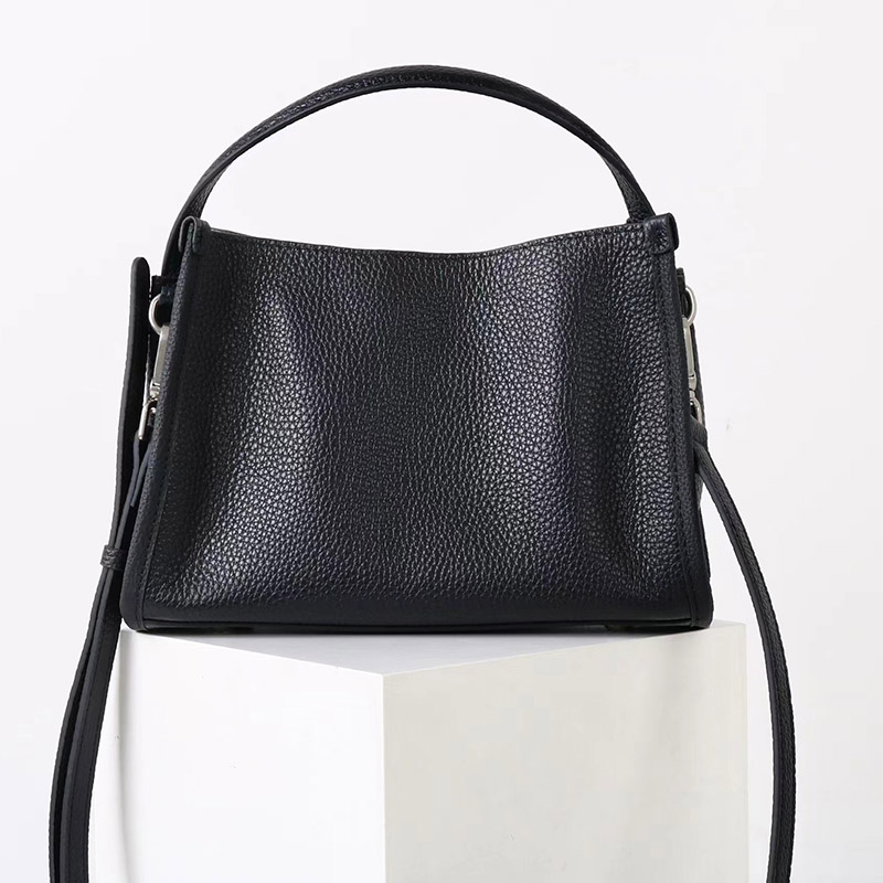Women's Full-Grain Leather Drawstring Buckle Bucket Handbag with Crossbody Strap