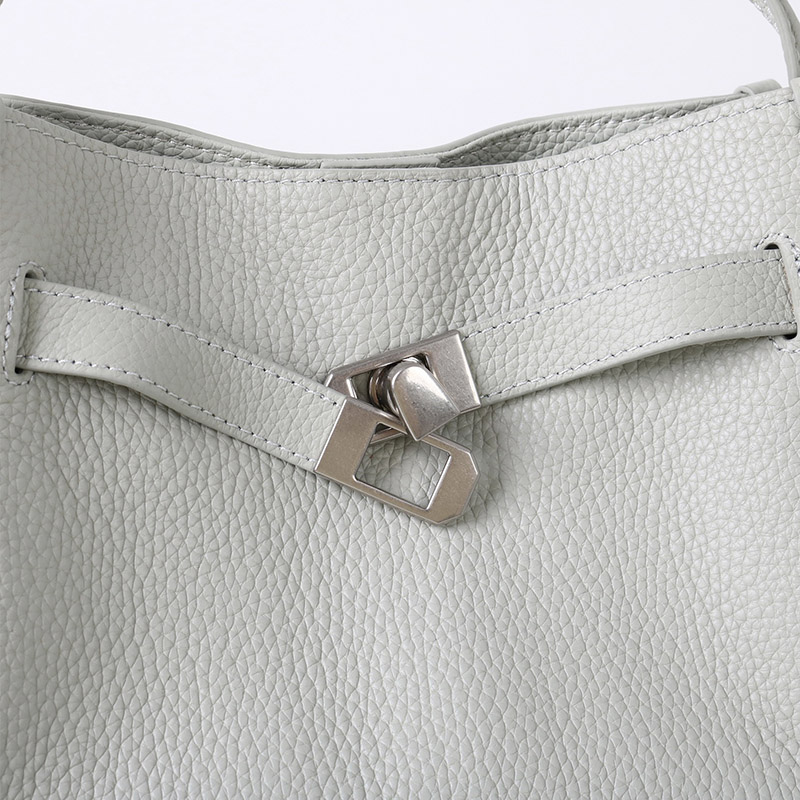 Women's Full-Grain Leather Drawstring Buckle Bucket Handbag with Crossbody Strap