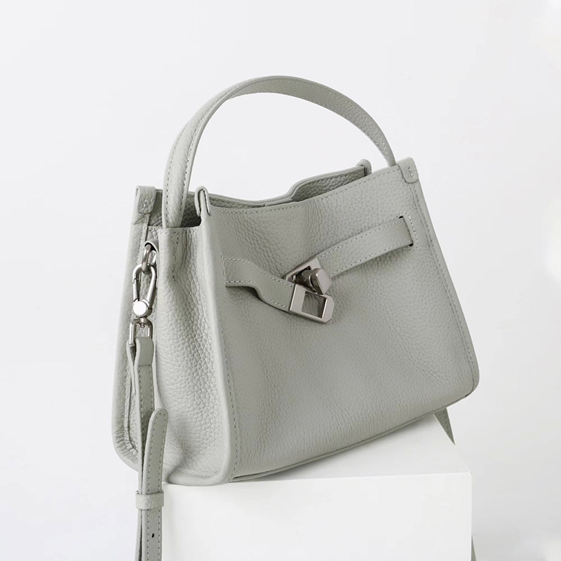 Women's Full-Grain Leather Drawstring Buckle Bucket Handbag with Crossbody Strap