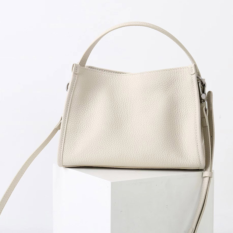Women's Full-Grain Leather Drawstring Buckle Bucket Handbag with Crossbody Strap