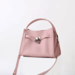 Women's Full-Grain Leather Drawstring Buckle Bucket Handbag with Crossbody Strap