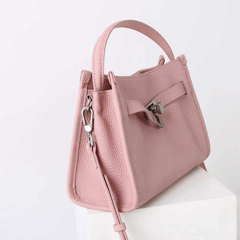 Women's Full-Grain Leather Drawstring Buckle Bucket Handbag with Crossbody Strap