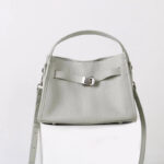 Women's Full-Grain Leather Drawstring Buckle Bucket Handbag with Crossbody Strap