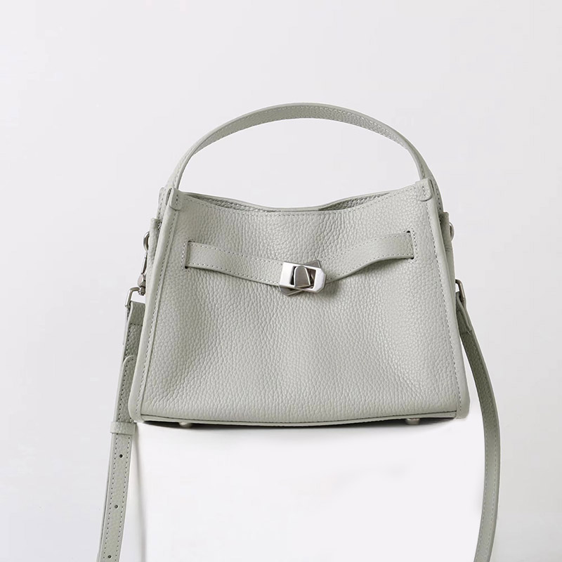 Women's Full-Grain Leather Drawstring Buckle Bucket Handbag with Crossbody Strap