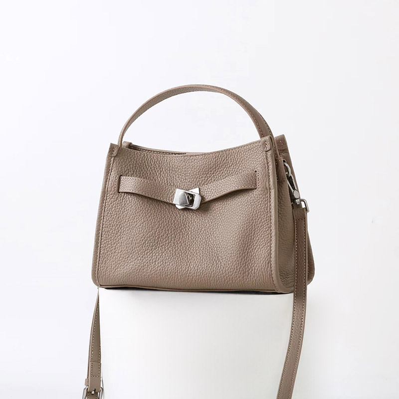 Women's Full-Grain Leather Drawstring Buckle Bucket Handbag with Crossbody Strap