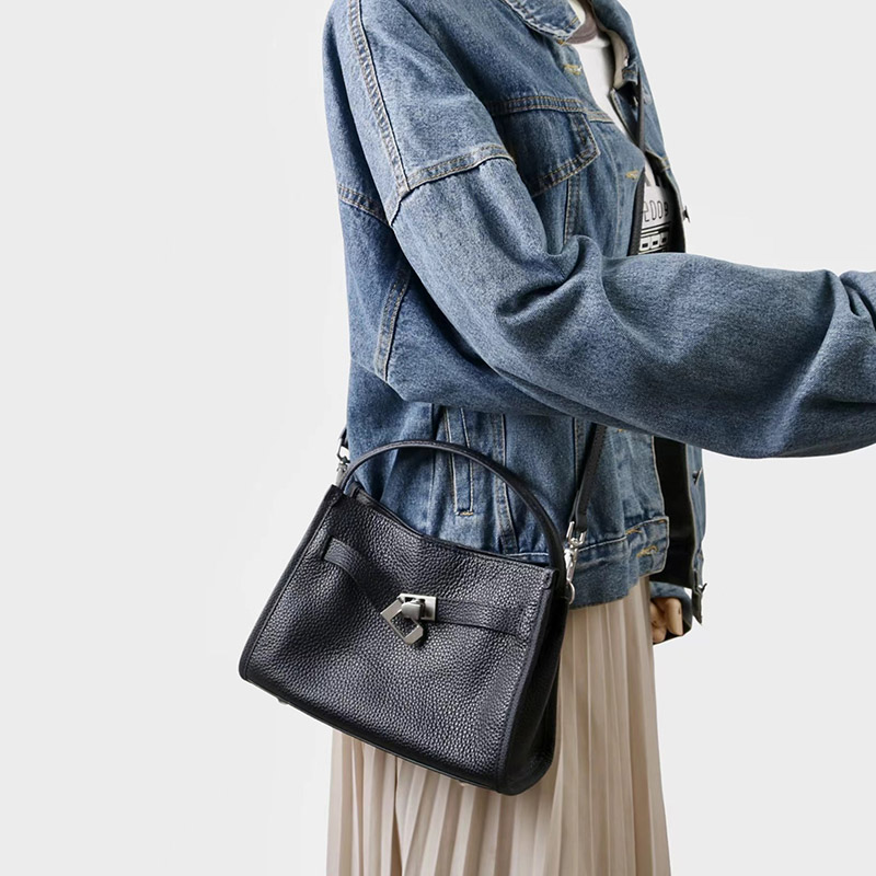 Women's Full-Grain Leather Drawstring Buckle Bucket Handbag with Crossbody Strap