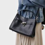 Women's Full-Grain Leather Drawstring Buckle Bucket Handbag with Crossbody Strap