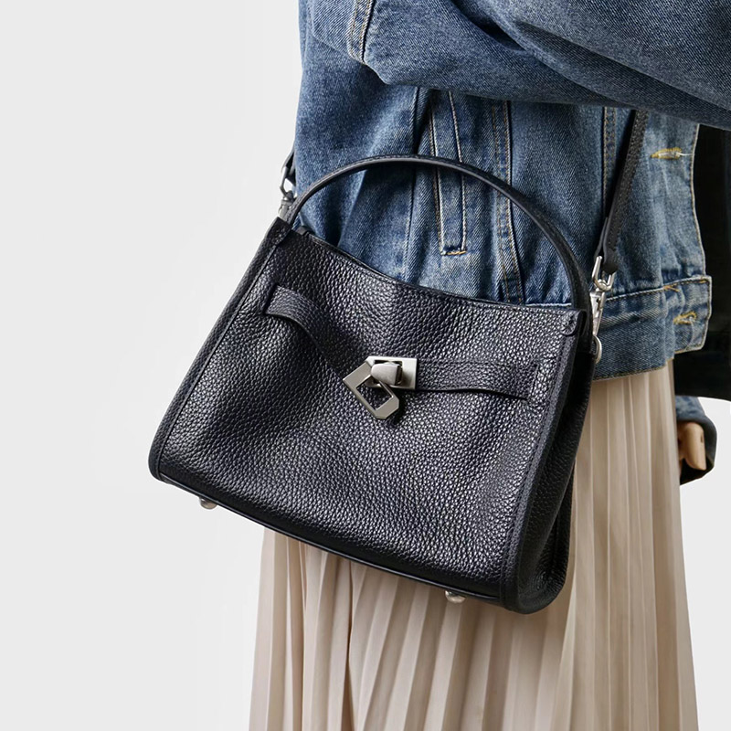 Women's Full-Grain Leather Drawstring Buckle Bucket Handbag with Crossbody Strap