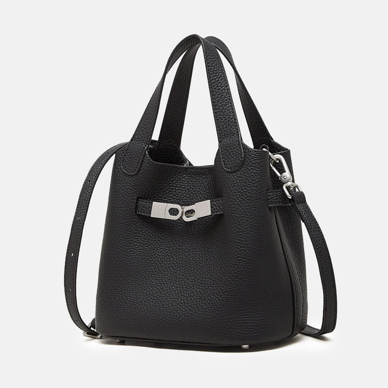 Women's Full-Grain Leather Drawstring Buckle Bucket Handbags with Shoulder Crossbody Strap